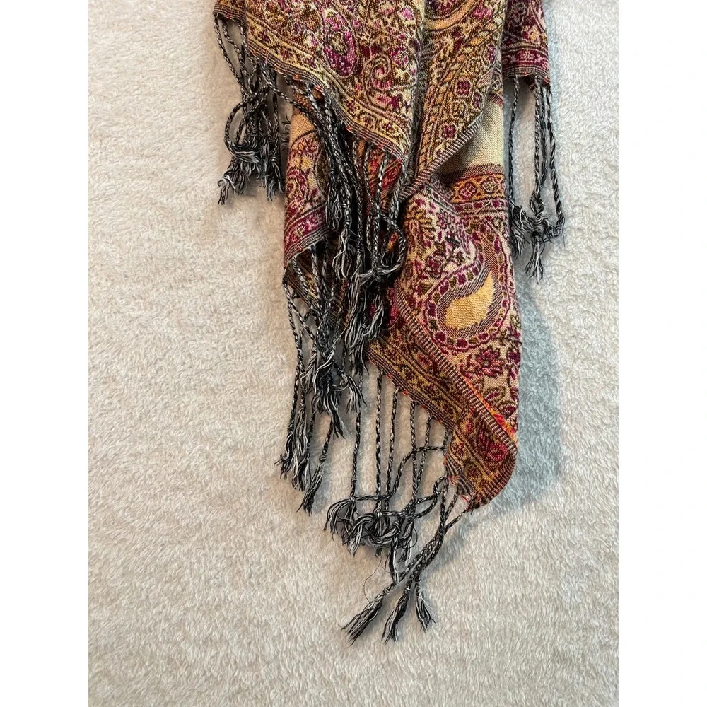 Boho Paisley Pashmina Shawl Scarf Burgundy Pink Gold Fringe Wrap 28x76